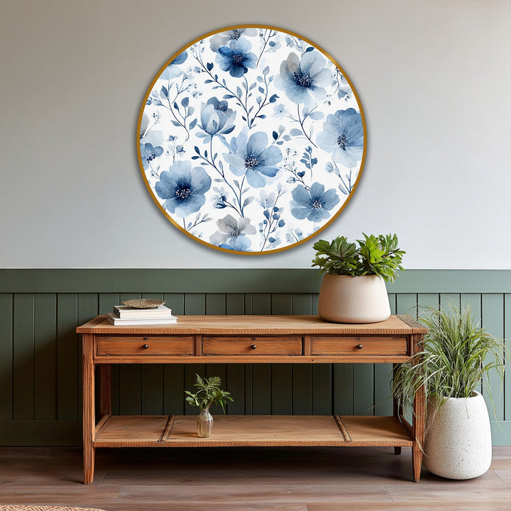 The focal point showcases a round oil painting featuring a soft blue floral pattern, exemplary of beautiful oil painting art prints.