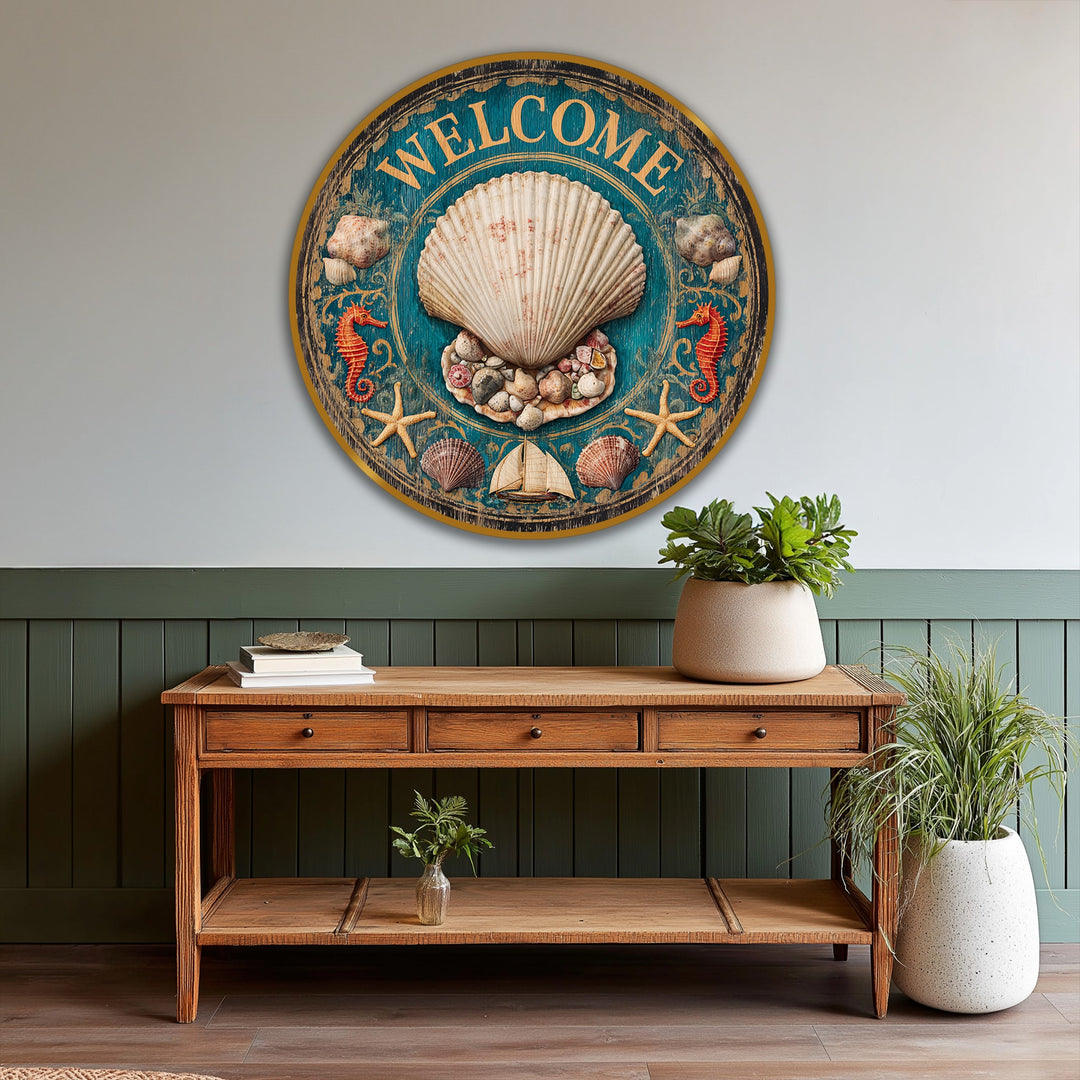 Nautical mood evoked by this vintage, round oil painting artwork, featuring a welcoming coastal shell design with seahorses and starfish details.