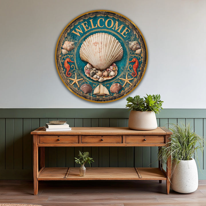 Nautical mood evoked by this vintage, round oil painting artwork, featuring a welcoming coastal shell design with seahorses and starfish details.