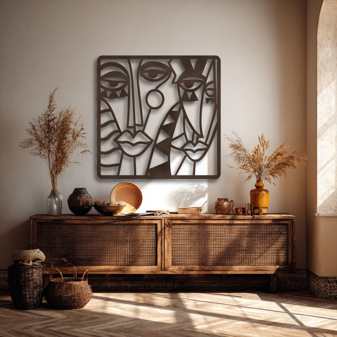 The inviting ambiance of this space is enhanced by the artistic cubist abstract faces metal decoration wall art, creating a warm, contemporary feel.