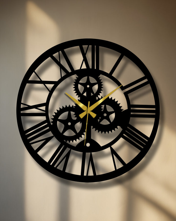 Showing depth and layers, this unique metal wall art depicts an industrial gear metal wall clock, casting shadows that add to its steampunk design.