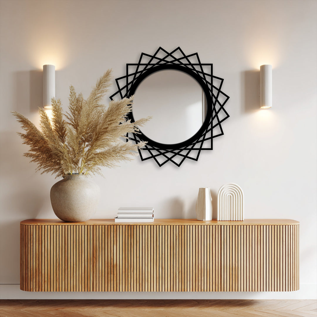 Circular mirror with geometric square frame