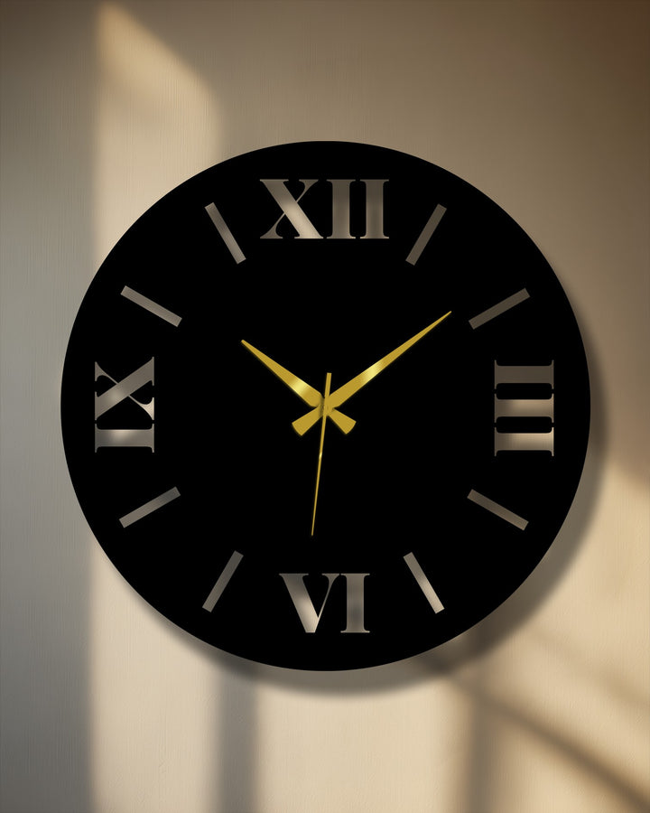 Illuminated by a sunbeam, this modern roman numeral decoration wall art clock features golden hands contrasting against a sleek black metal face.