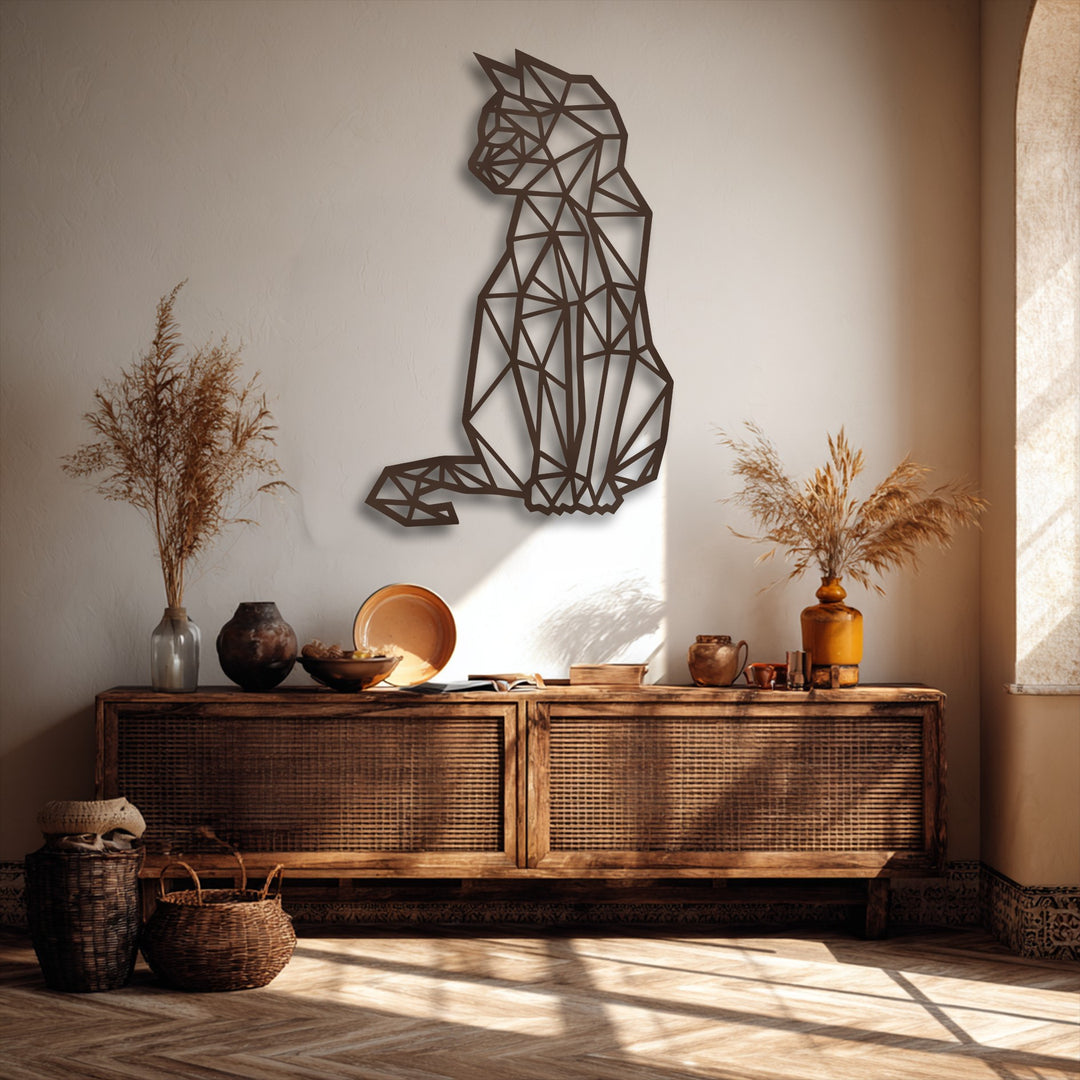 Geometric Sitting Cat – Modern Line Art Metal Wall Art