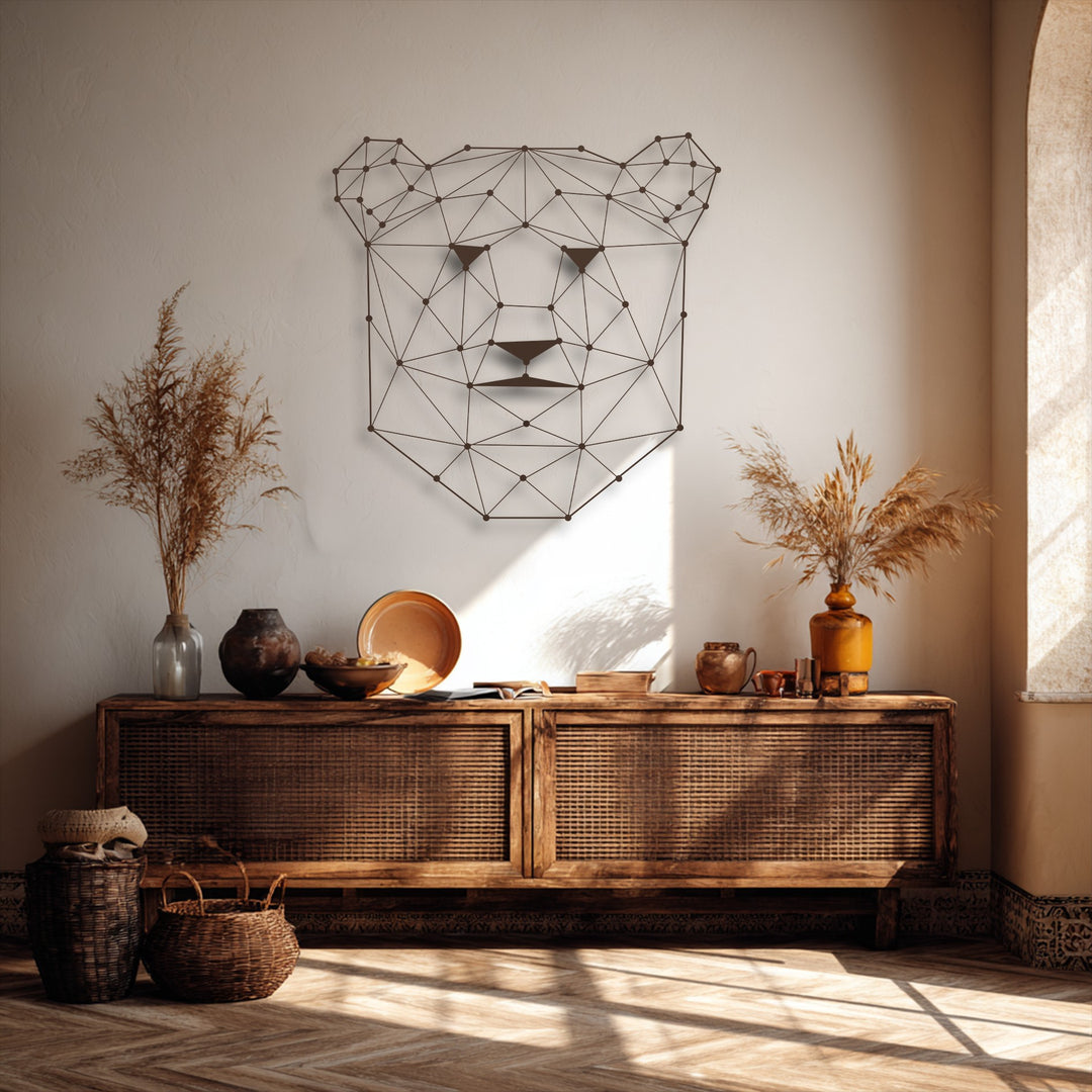 The serene, sun-drenched atmosphere is enhanced by the modern geometric bear decoration wall art, blending minimalist design with natural elements.