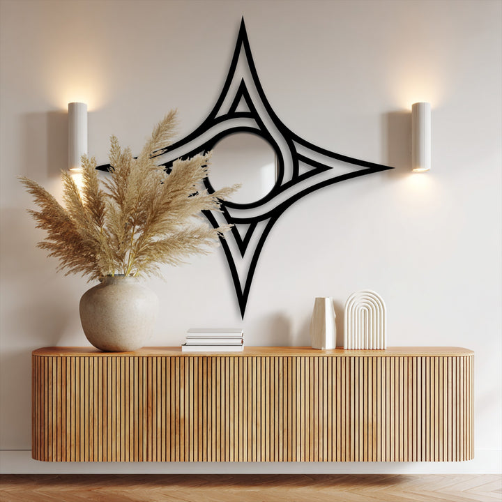 Black star frame emphasizes the geometric edge and border of this stylish bathroom mirror, creating a modern design with unique metal wall art.