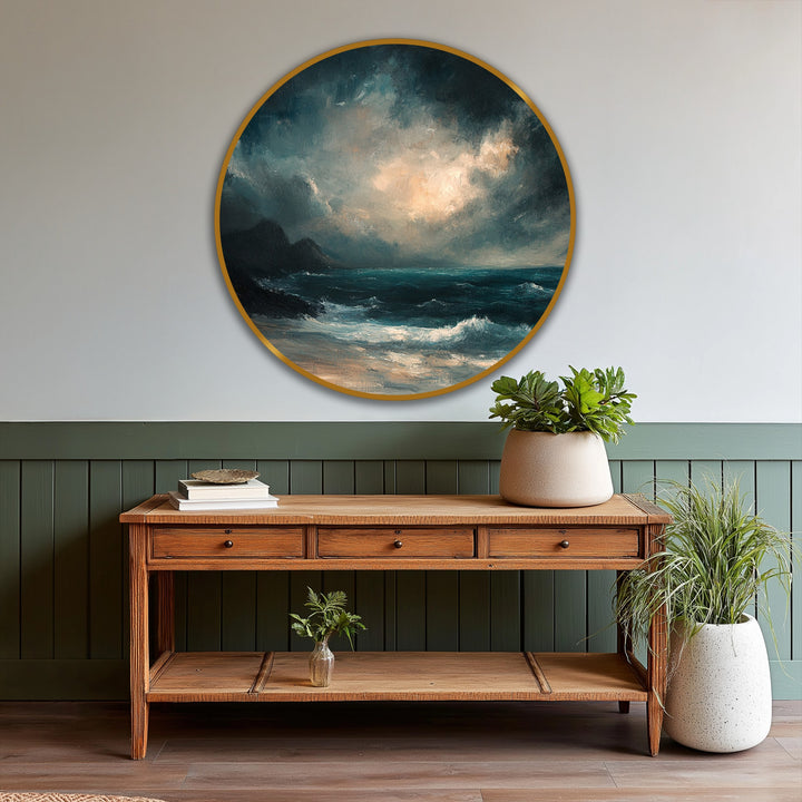 Cool color temperature emanates from the stormy seascape round oil painting reproduction print, featuring crashing waves and a glowing horizon.
