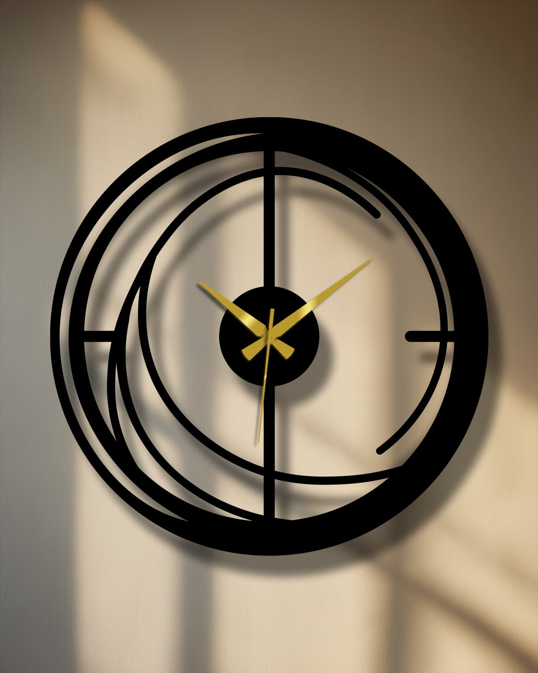 Warm color temperature highlights the modern spiral metal wall clock's abstract decoration wall art design, contrasting the black metal and gold hands.