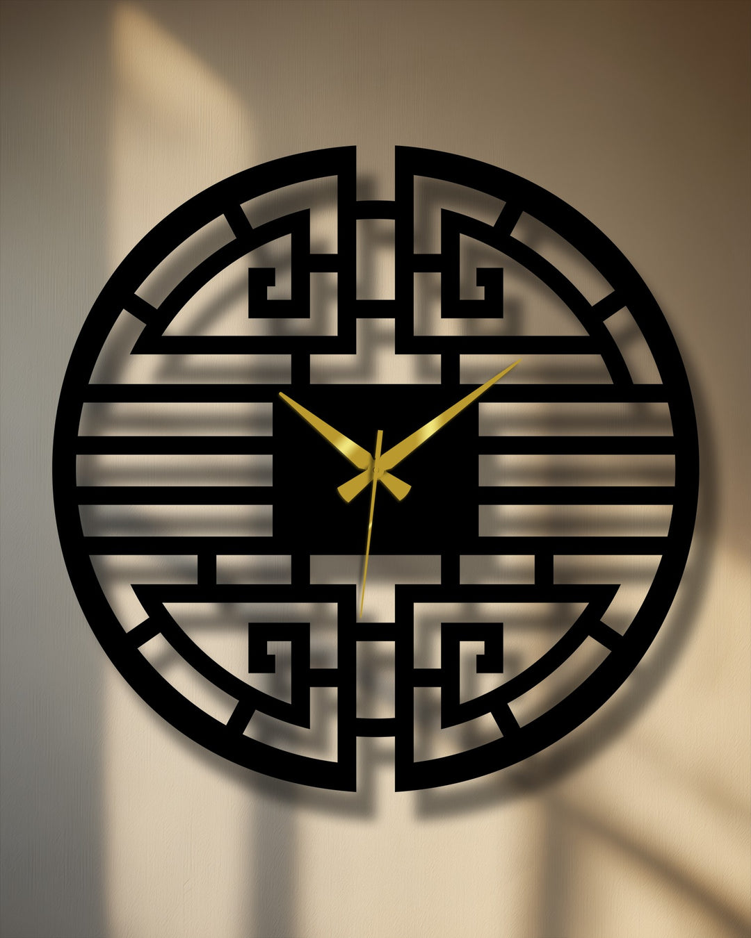 Black powder coated finish enhances this Asian geometric metal wall clock, creating a modern oriental decoration wall art piece with an elegant touch.