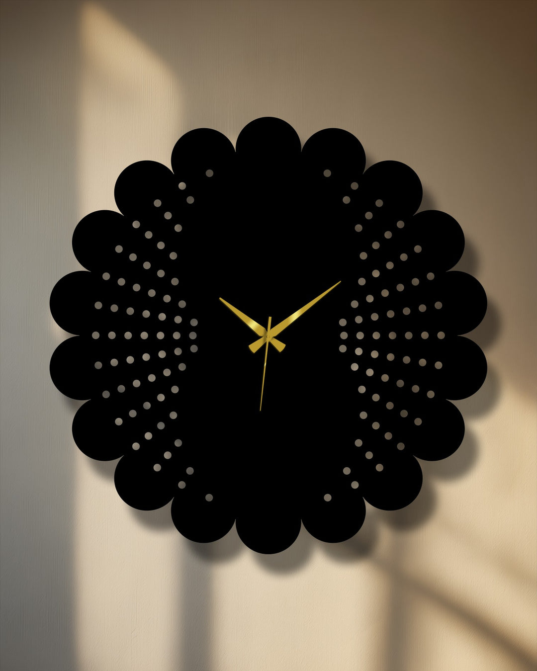 Negative space defines the flower-like shape of this scalloped metal wall decor clock, revealing a modern dot pattern within its black silhouette.