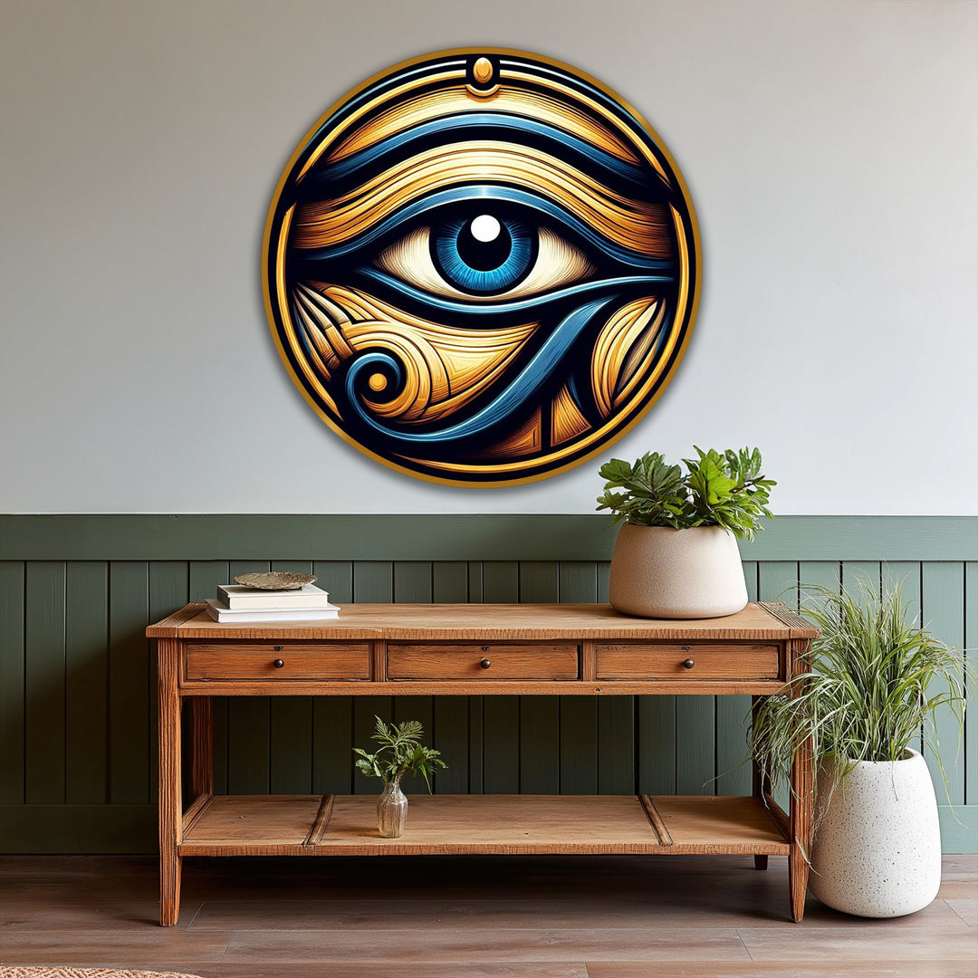 Circular Mystic Guardian – Eye of Horus oil painting art piece is presented in a horizontal orientation.