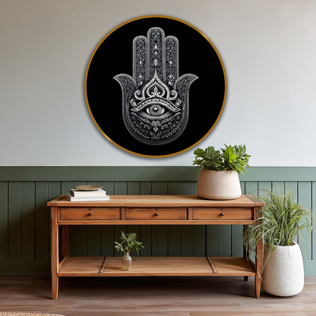 Mysterious mood from this Sacred Protection oil painting home decor showcasing a monochrome hamsa eye in a round design, creating an intricate and modern art piece.