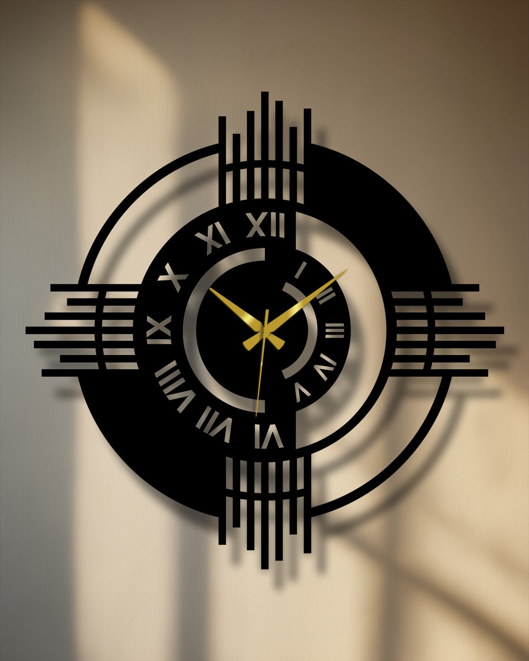 Highlighting the layering effect, this modern Roman numeral metal artwork wall clock presents a geometric design with nested circles and linear details.