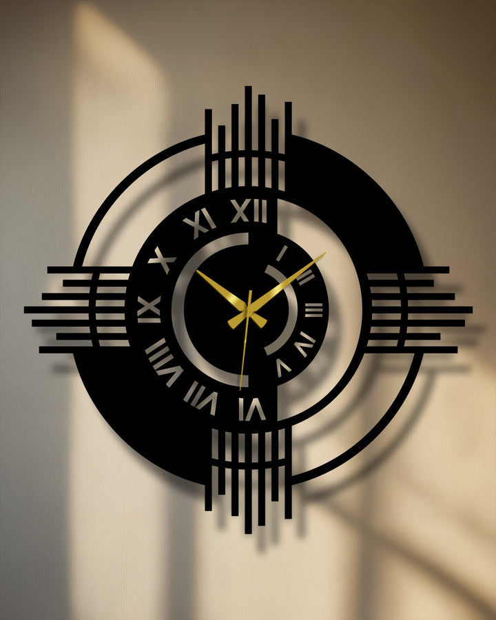 Highlighting the layering effect, this modern Roman numeral metal artwork wall clock presents a geometric design with nested circles and linear details.