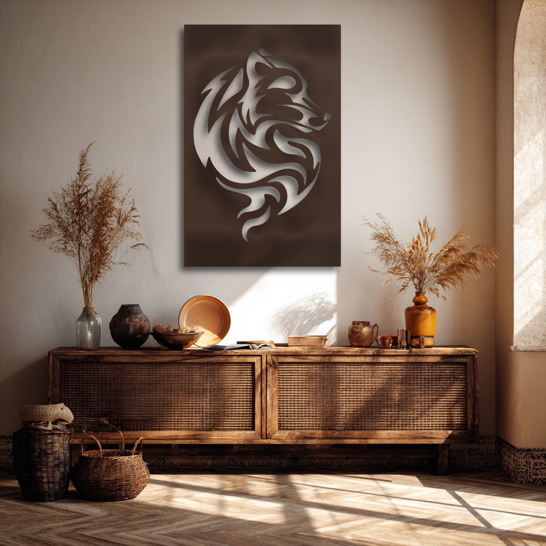 A distinctly warm color temperature bathes the room, illuminating the intricate Tribal Wolf Swirl Metal Wall Art as a striking decoration wall art.