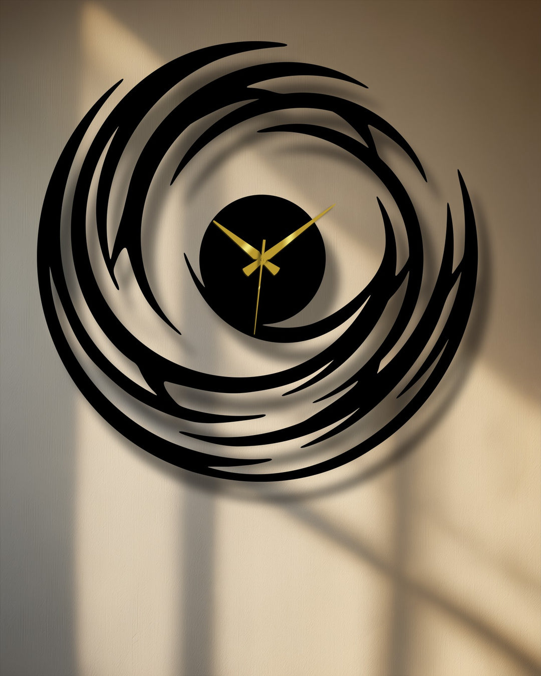 The stylized edge of the abstract spiral metal wall clock presents a unique metal wall art border with swirling designs, casting a shadow on the neutral wall.