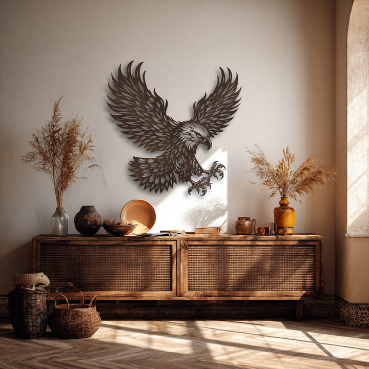 The bright, textured off-white background wall showcases the majestic eagle unique metal wall art prominently above a stylish wooden console.