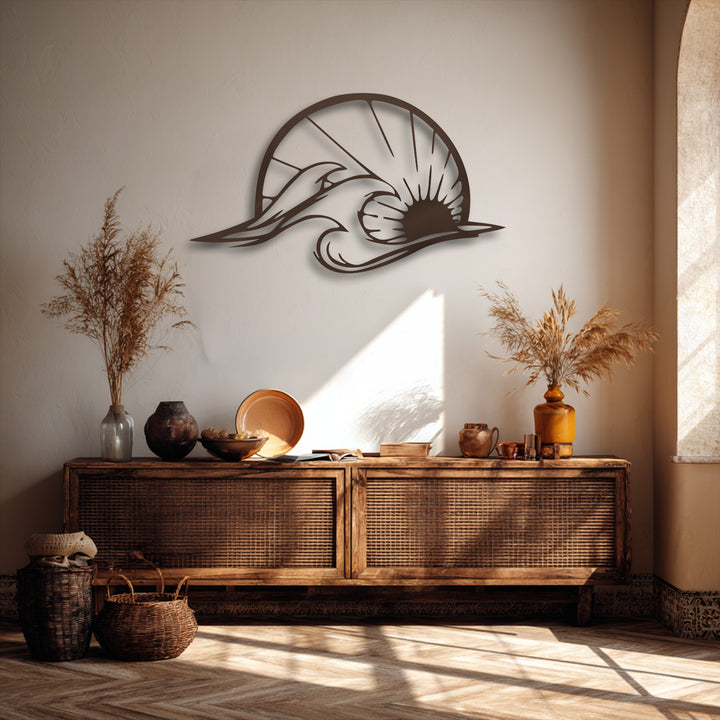 Experience premium material quality with this striking dark brown metal art for wall, featuring an intricate ocean wave and dolphin silhouette.