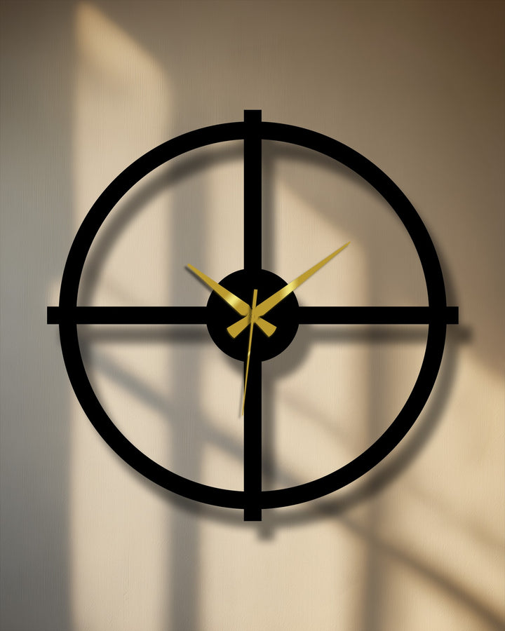 Visual rhythm is conveyed through the repeated black lines of this minimalist cross design metal artwork wall clock, creating a modern, decorative time piece.