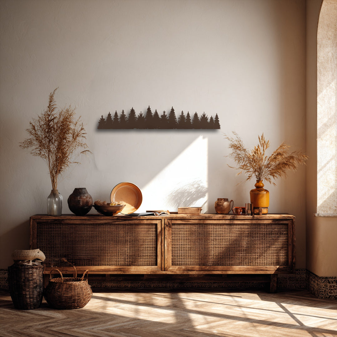 The stillness of a warm room is highlighted by the peaceful pine forest silhouette metal art for wall, offering serene nature decor.