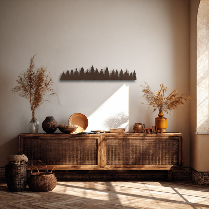 The stillness of a warm room is highlighted by the peaceful pine forest silhouette metal art for wall, offering serene nature decor.