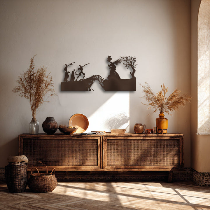 The scene showcases varying depths and layers, from the intricate mythological metal wall decor casting shadows, to the rustic cabinet and floor textures below.