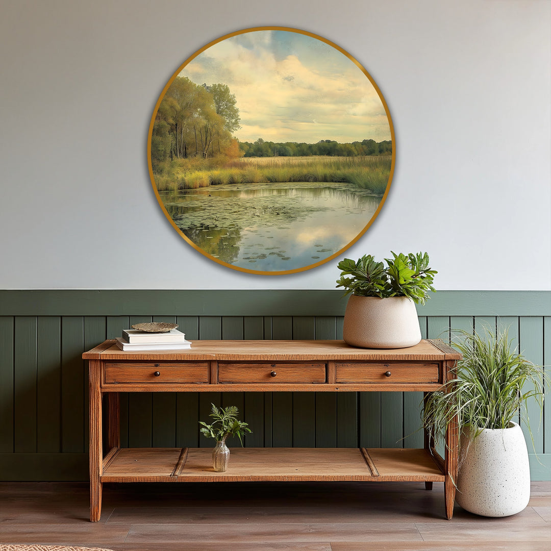 Visual rhythm of golden meadow reflections in this landscape oil painting art prints is created by the repetition of lily pads and trees around the tranquil pond.
