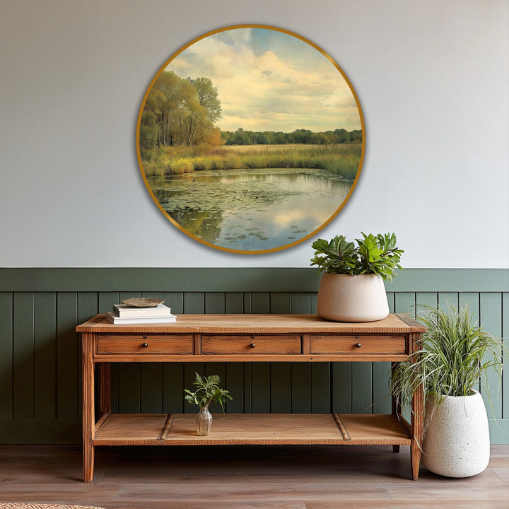 Visual rhythm of golden meadow reflections in this landscape oil painting art prints is created by the repetition of lily pads and trees around the tranquil pond.