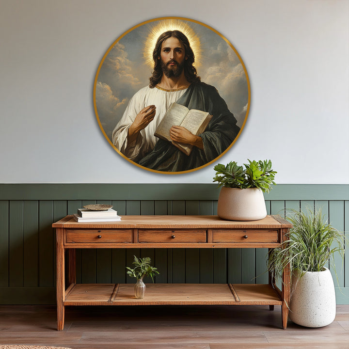 With depth and layers, the sacred light radiates from this divine wisdom portrait, an oil painting art piece that captures a radiant halo and intricate details.