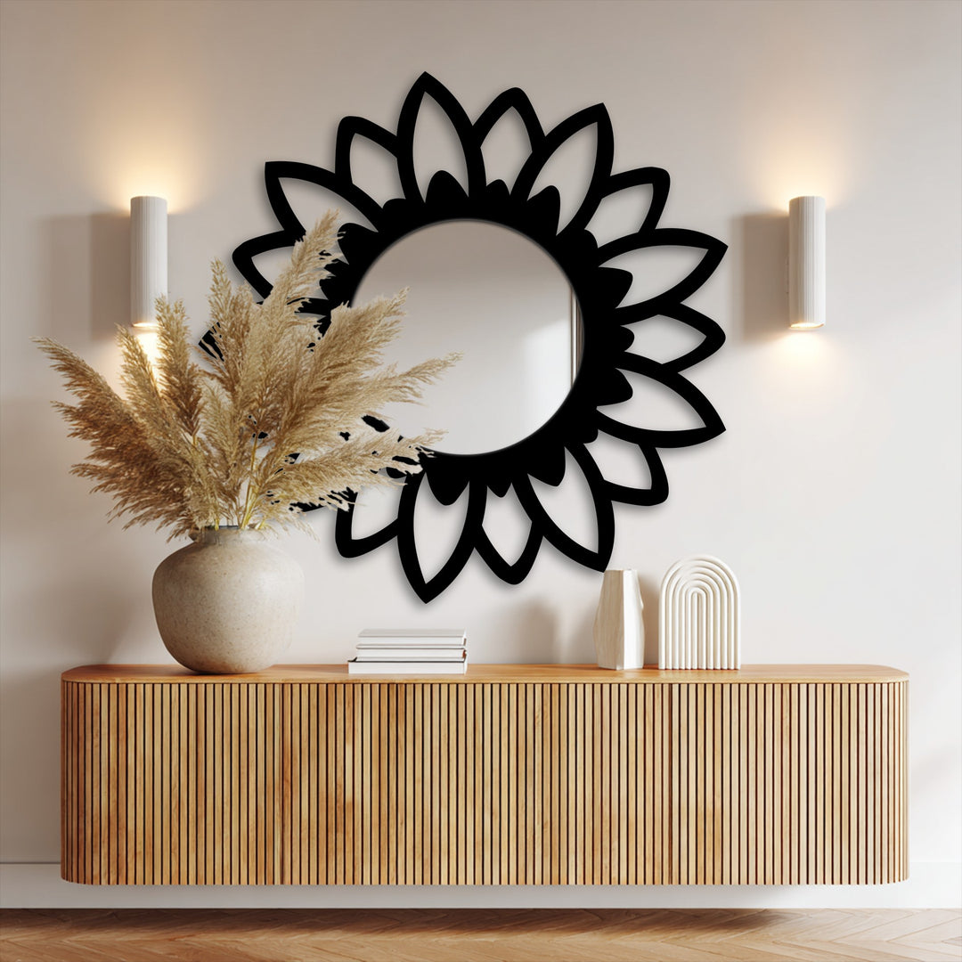 Highlighting the transition between colors, the bloom silhouette floor decorative mirror shows a striking contrast of black and reflected light in its flower petal design.
