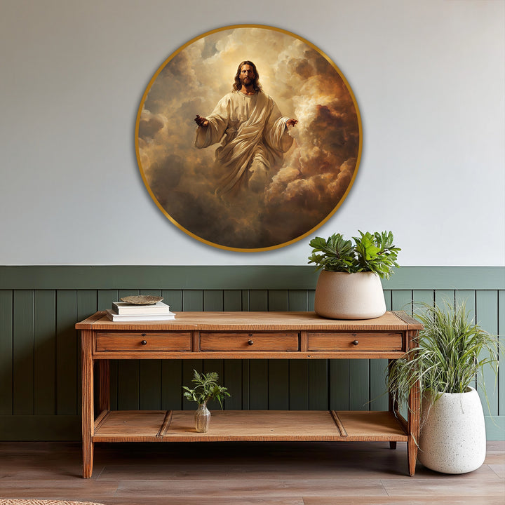 Round orientation showing a radiant Christ in Clouds, oil painting reproduction print, casting a heavenly glow, symbolizing divine grace and inspiration.