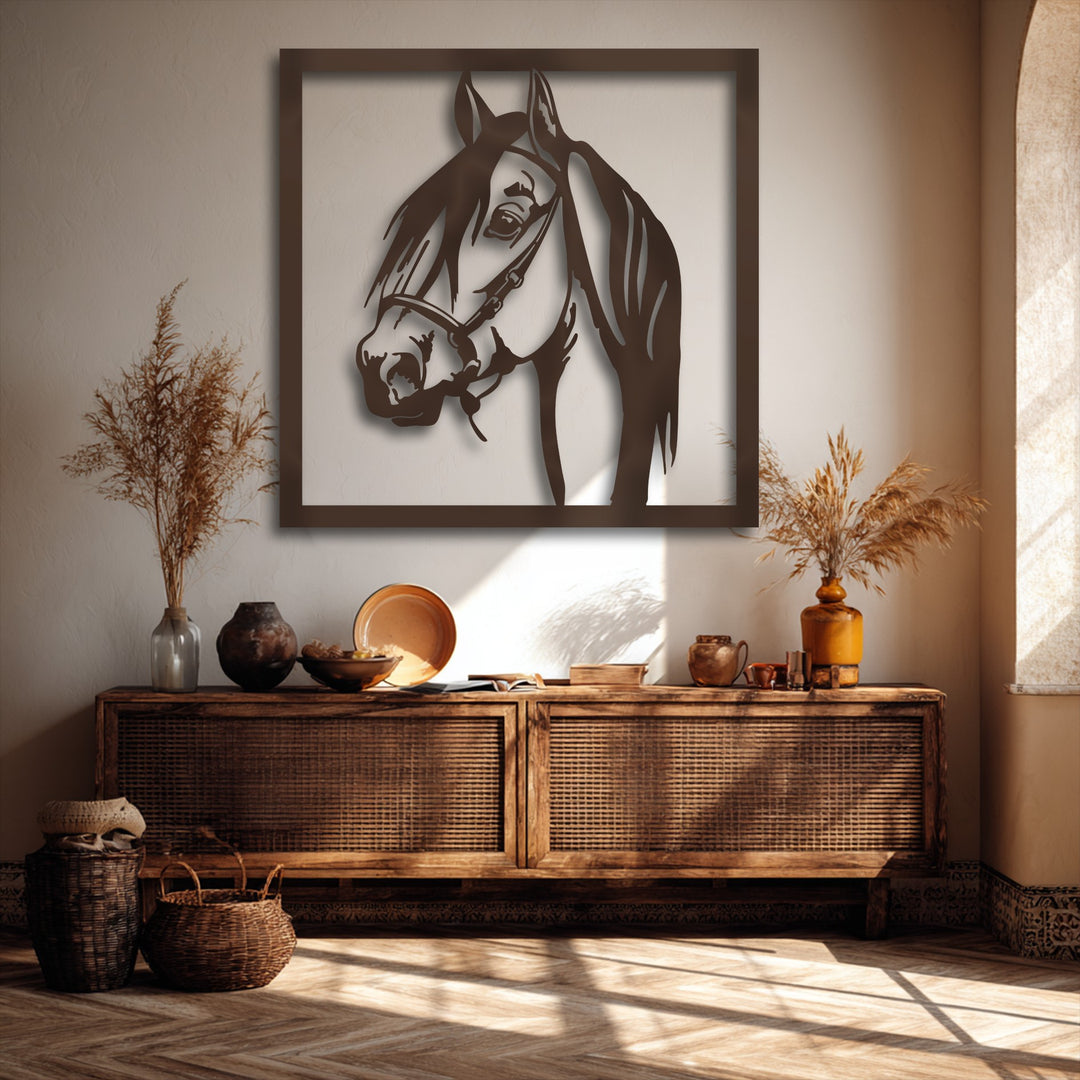 Rectangular metal wall decor oriented vertically, showcasing the modern cutout shape of a graceful stallion portrait.