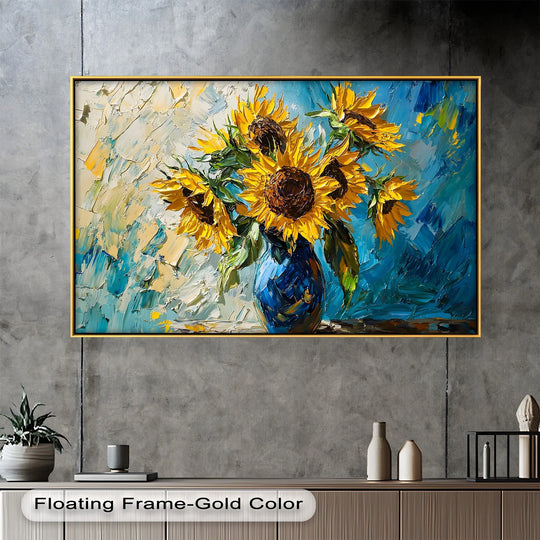 Cheerful mood radiates from this sunflower bouquet botanical oil painting, a vibrant oil painting home decor piece with rich textures and bright hues.