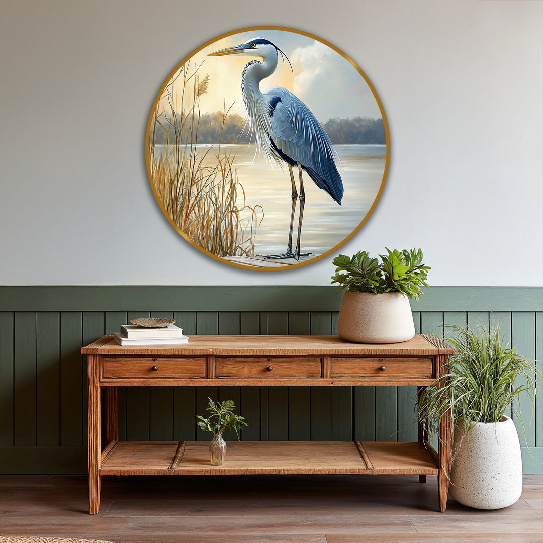 Emanating organic forms, this majestic heron at sunrise animal oil painting art prints capture the fluid lines of wildlife amidst still waters.