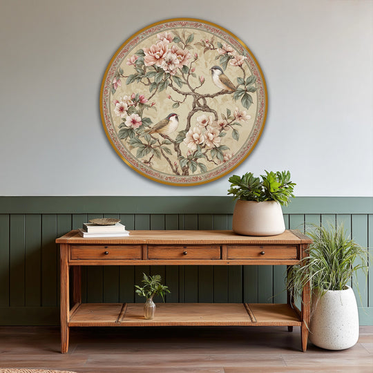 Graceful lines bring the Blossoming Branch with Songbirds round oil painting home decor to life, as the birds and blooms subtly sway in a gentle breeze.