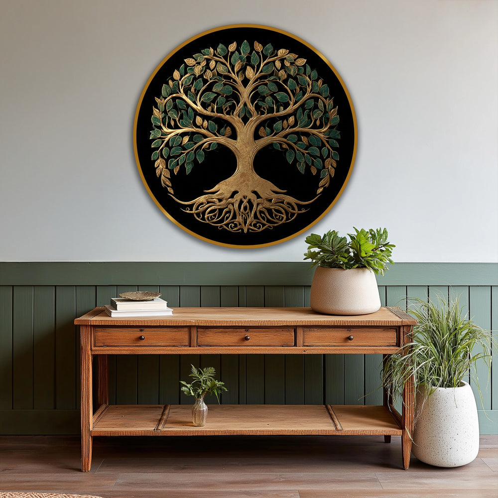 Deep layers are showcased in this golden tree of life round oil painting with emerald leaves, adding rich texture to the oil painting home decor.
