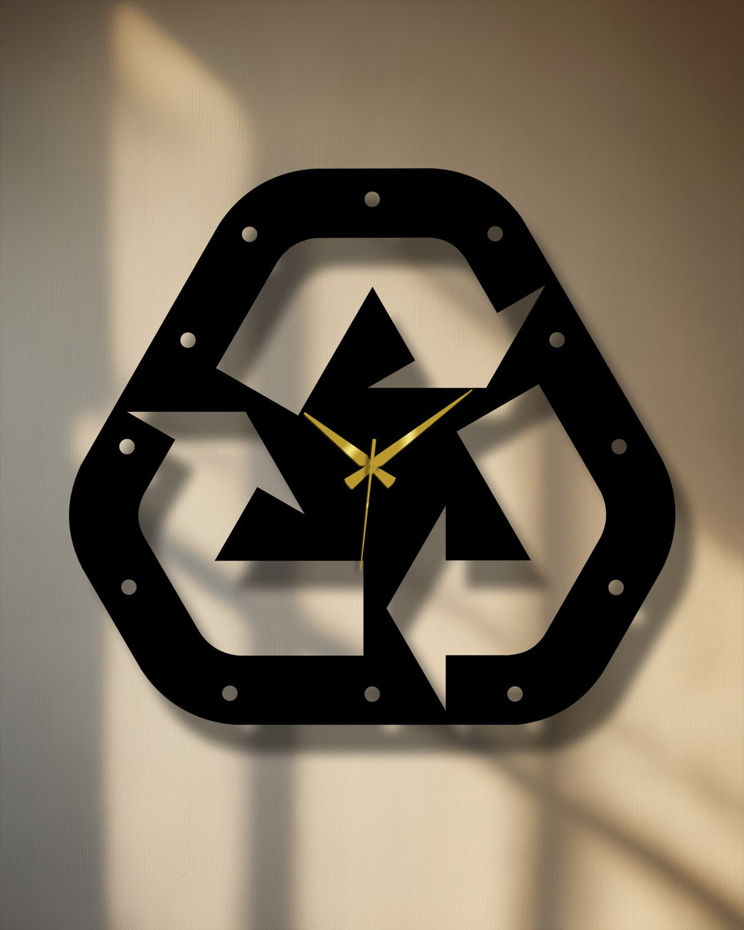 Visual rhythm is created in this recycle symbol metal artwork clock by the repeating triangular shapes and circular accents within its eco-modern design.