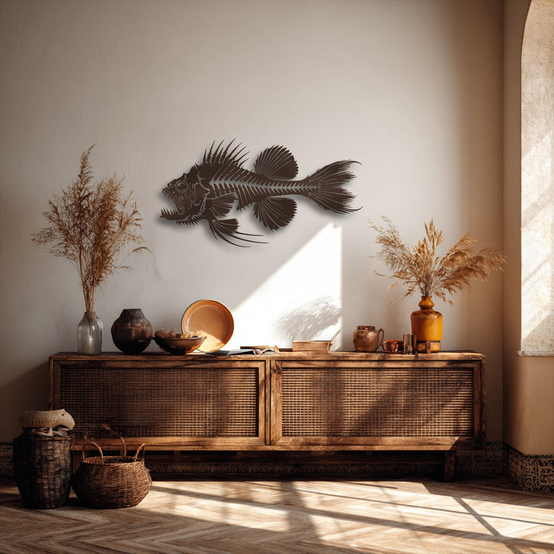 Two woven baskets and sunlit floor patterns ground the room, enhancing the striking Predator Fish Skeleton unique metal wall art.