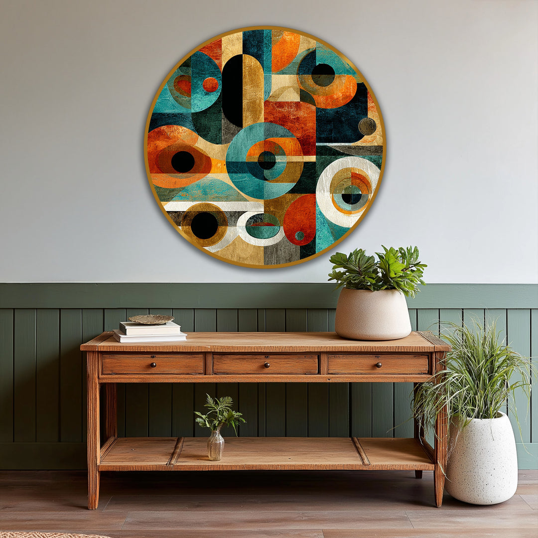 The darkest area in this retro geometric circles abstract round oil painting highlights the dramatic contrast within the contemporary oil painting art prints.