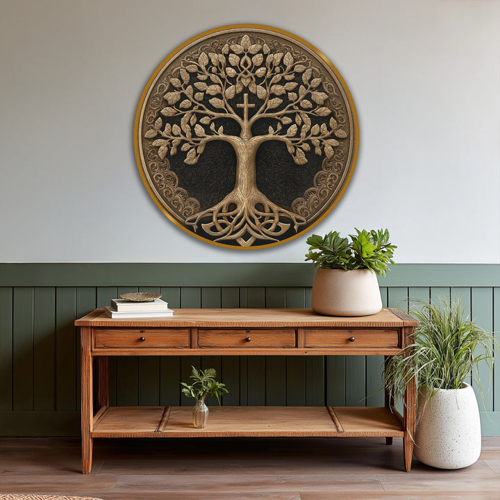 Brightest area highlights the details of this sacred tree of life with cross, an ornate round oil painting reproduction print, exhibiting faith and spirituality.