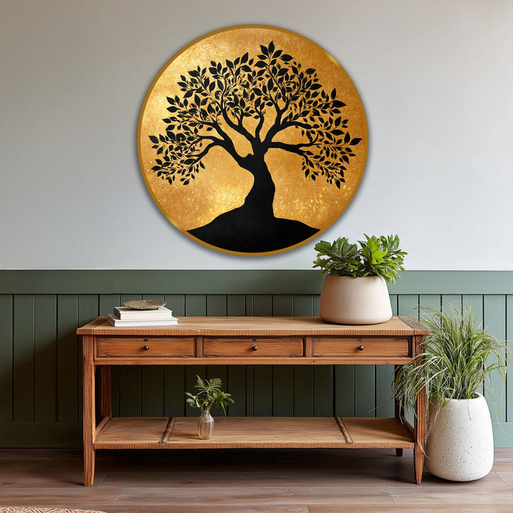 Subtle light and shadow define the elegant Golden Light Tree round oil painting art piece, highlighting the silhouette of the tree against a radiant background.