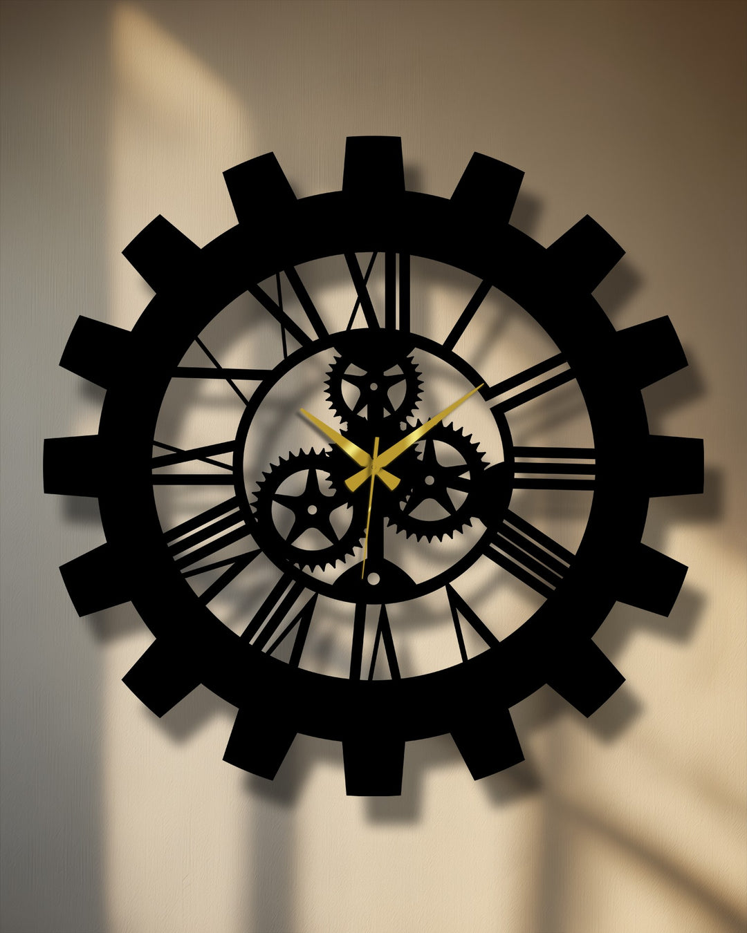 Sharp color contrast showcases the black industrial gear metal wall clock with Roman numerals against the neutral backdrop, enhancing its modern metal wall decor.