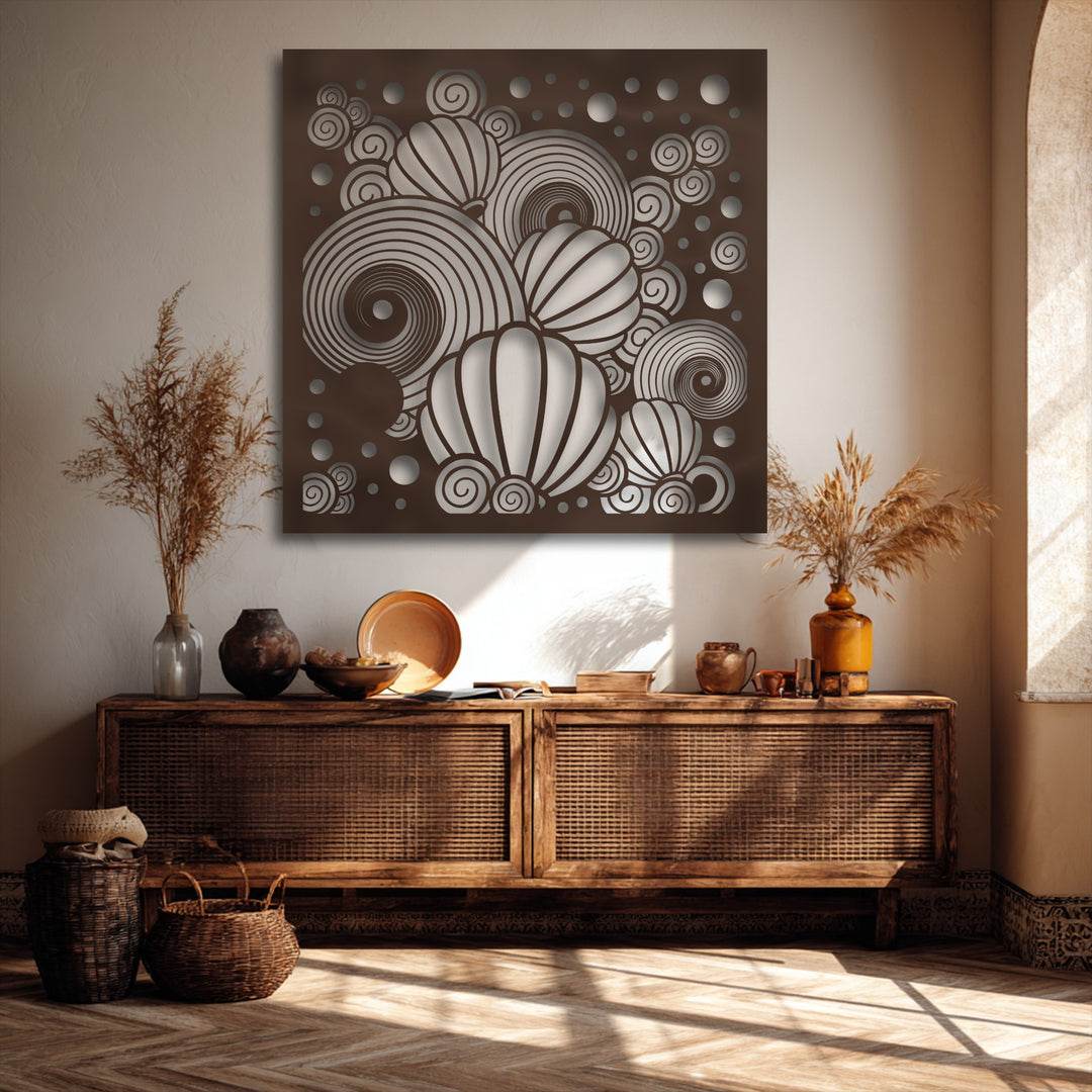 The intricate negative space of the brown decoration wall art defines the abstract balloon shapes and swirling spiral patterns.