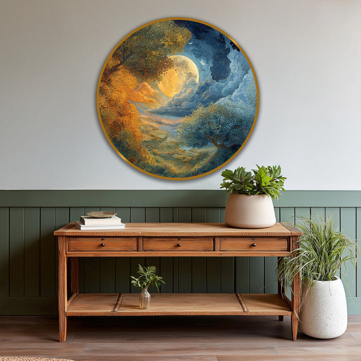 Subtle shadows define the textures of this round, dreamlike landscape, enhancing the luminosity of the moon in this modern oil painting art.