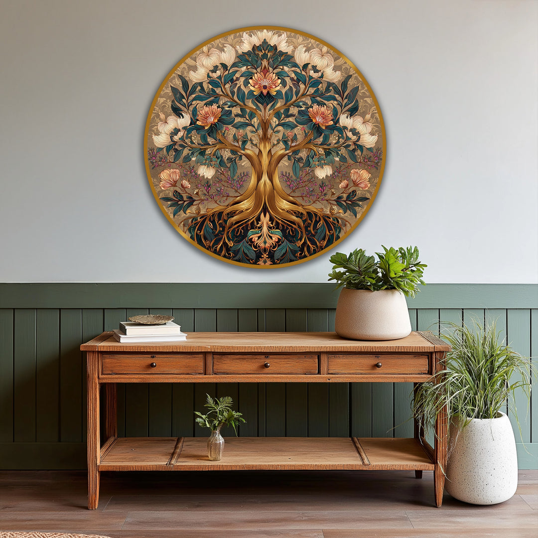 Striking color contrast highlights the gold and teal of this ornate bloom oil painting reproduction print, featuring a decorative floral tree in a round, botanical design.