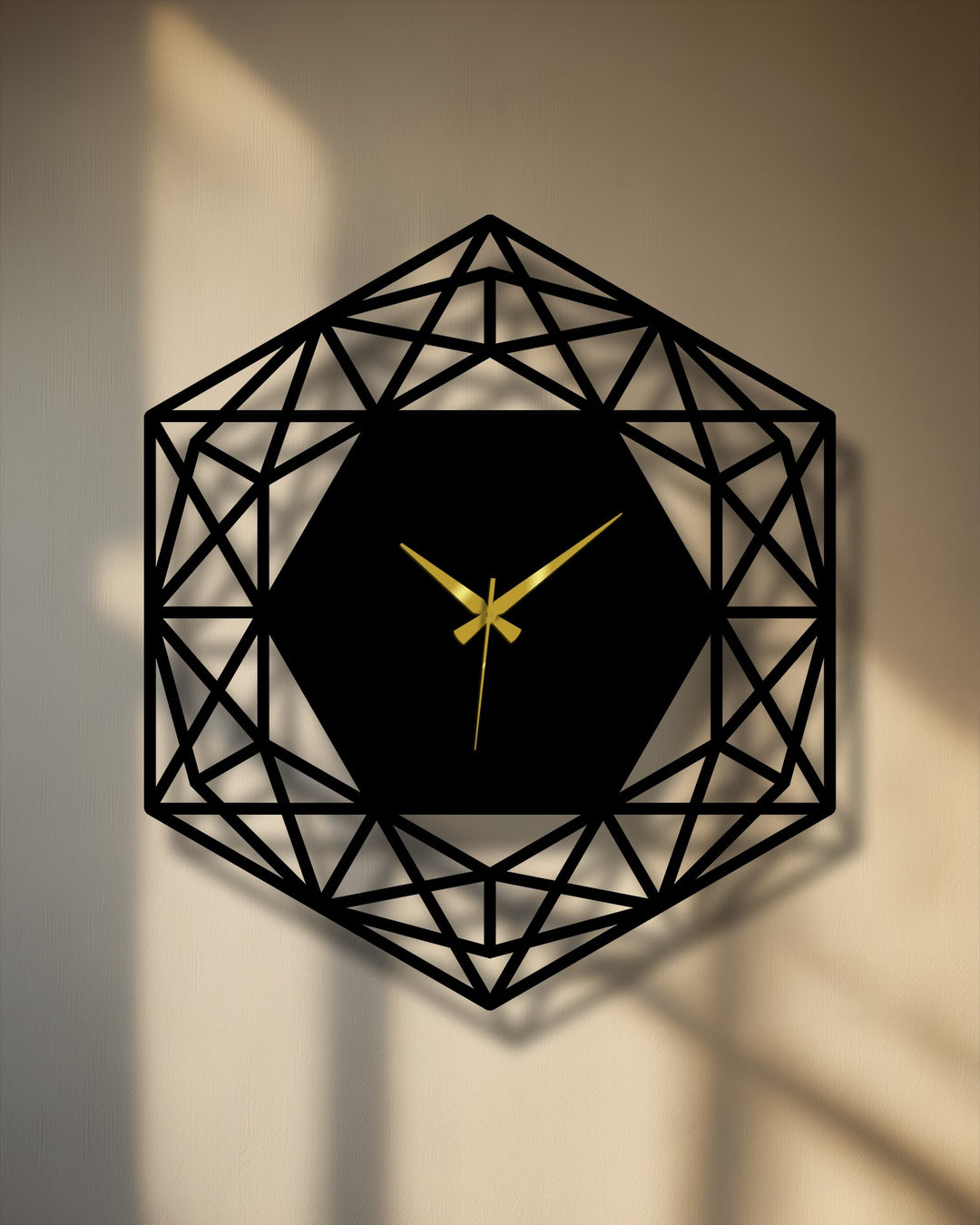 The color transition from bright sunlit beige to soft shadowed brown highlights this modern decorative metal art geometric hexagon wall clock.