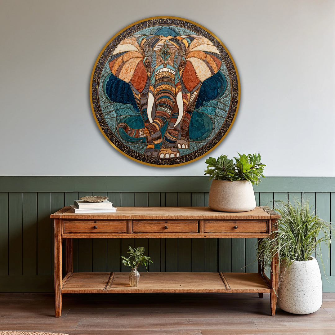 Dominated by warm browns and earthy tones, this round oil painting home decor piece depicts a geometric elephant in a mosaic style, radiating sacred and majestic artistry.