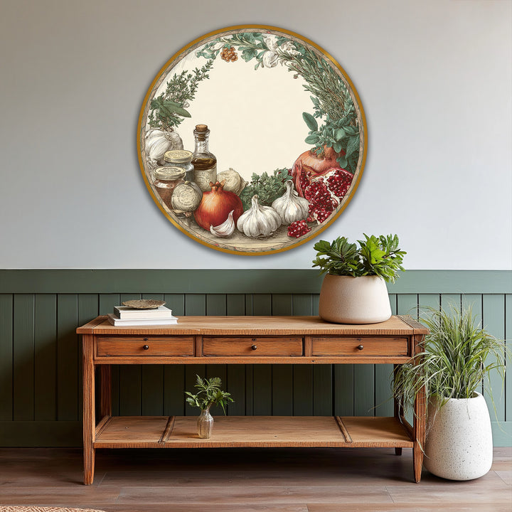 Warm color temperature highlights the round, framed oil painting wall art, showcasing a rustic kitchen harvest and Mediterranean still life scene.