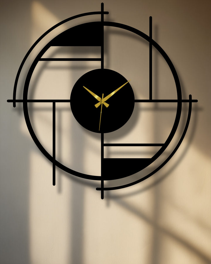 Circular geometric metal wall clock features a captivating combination of horizontal and vertical lines, creating a unique metal wall art display.