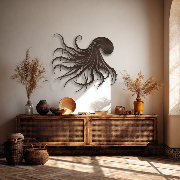 A tranquil and earthy mood is cast by the unique metal wall art of a dark octopus, perfectly fitting the rustic gothic ocean decor.